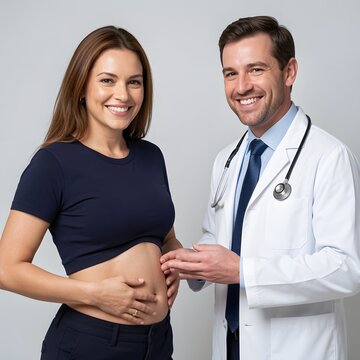 Conceptual full-body portrait of a confident woman in a medical compression corset with realistic post-surgery swelling, standing next to an experienced smiling male surgeon in a white coat, symbolizi