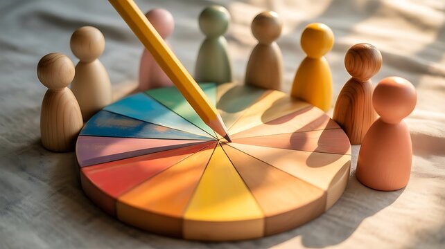 A yellow pencil points to a colorful wooden wheel chart surrounded by small, stylized wooden figures on a textured fabric surface in warm sunlight