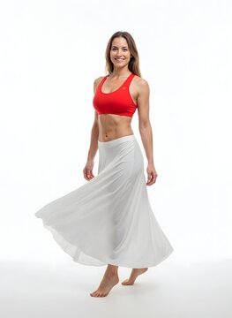 Full-body portrait of a confident 35-year-old Caucasian woman in a red crop top and flowing skirt, showcasing a defined waist and subtly enhanced silhouette, symbolizing successful aesthetic surgery a