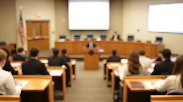 Students and officials participate in a formal legal proceeding or mock trial in a large room with a raised platform and podium.