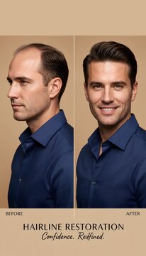 Side-by-side diptych before and after portrait of a handsome man in his 30s demonstrating a successful hair transplant and restored hairline, smiling with confidence in a premium aesthetic clinic camp