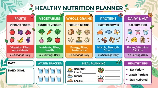 Colorful Daily Meal Log and Weekly Diet Sheet Template for Balanced Eating Goals Illustration
