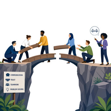 Diverse Business Team Building a Bridge for Collaboration and Problem Solving Concept