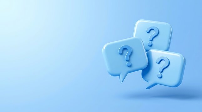 Three light blue chat bubbles with question marks inside them floating on a soft blue background in studio setting.
