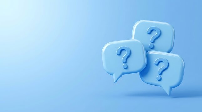 Three light blue chat bubbles with question marks inside them floating on a soft blue background in studio setting.