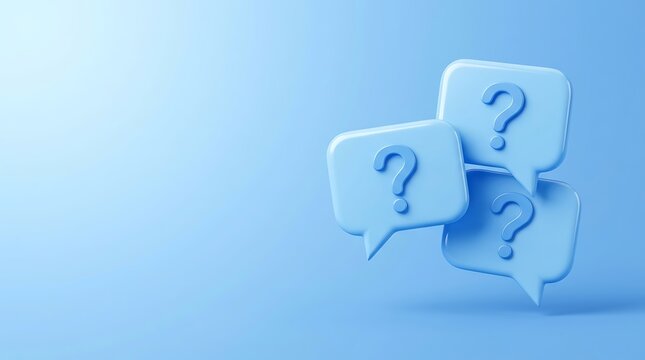 Three light blue chat bubbles with question marks inside them floating on a soft blue background in studio setting.