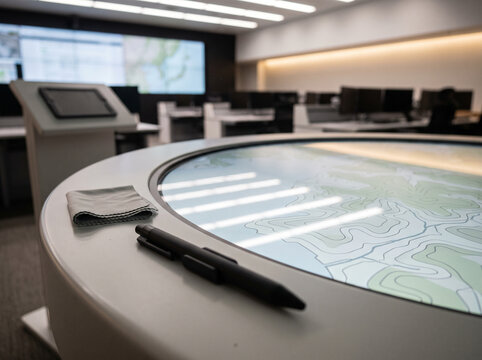 Empty disaster response command center with map table and multi-screen wall detail close-up macro