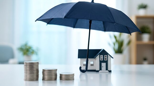 Small model house sitting under blue umbrella near stacks of coins depicting financial protection insurance savings investment concept for real estate home ownership property security.