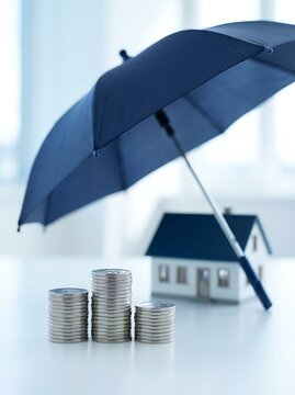 House with coins and umbrella symbolizing financial security, investment protection, home ownership, property insurance, safeguarding wealth, building safety, risk management, secure future.