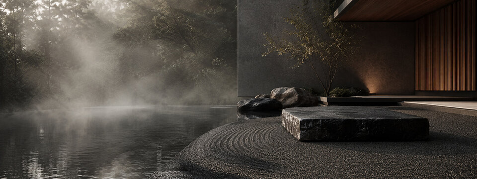 Zen water and stone product stage background with architectural frame with right copy space