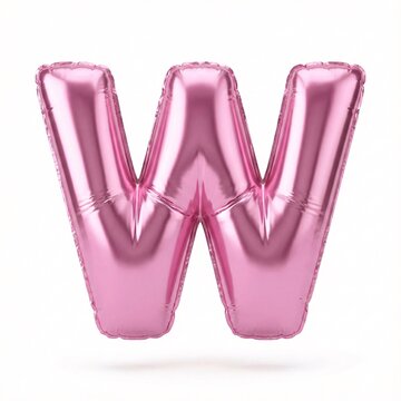 Pink metallic balloon letters spelling W for celebration. Glossy foil party decor with shiny reflective surface and twisted ties.