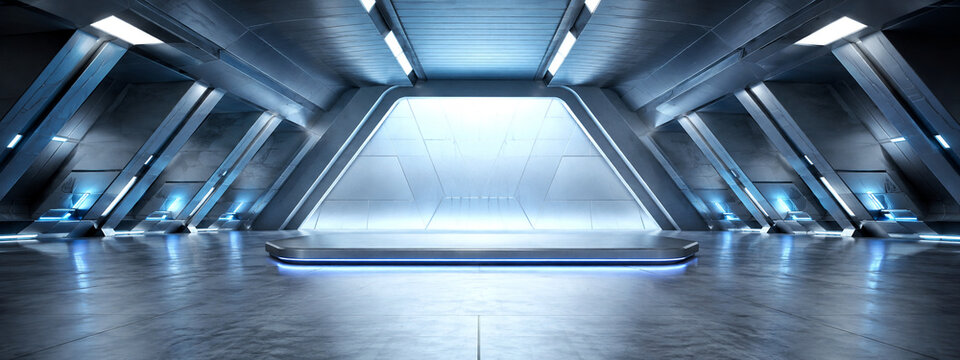 Space age metallic hangar background with dramatic evening product stage