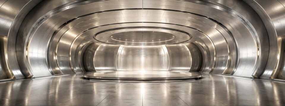 Space age metallic hangar background with architectural frame with right copy space