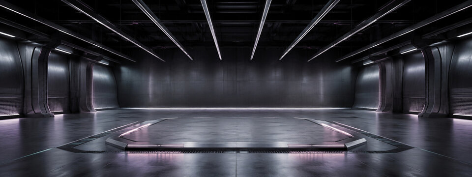 Space age metallic hangar background with reflective central display zone