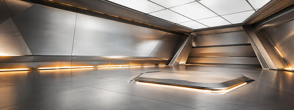 Space age metallic hangar background with low angle presentation platform