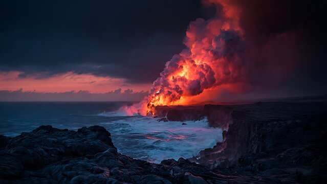Dramatic volcanic eruption flowing into the ocean at night.
