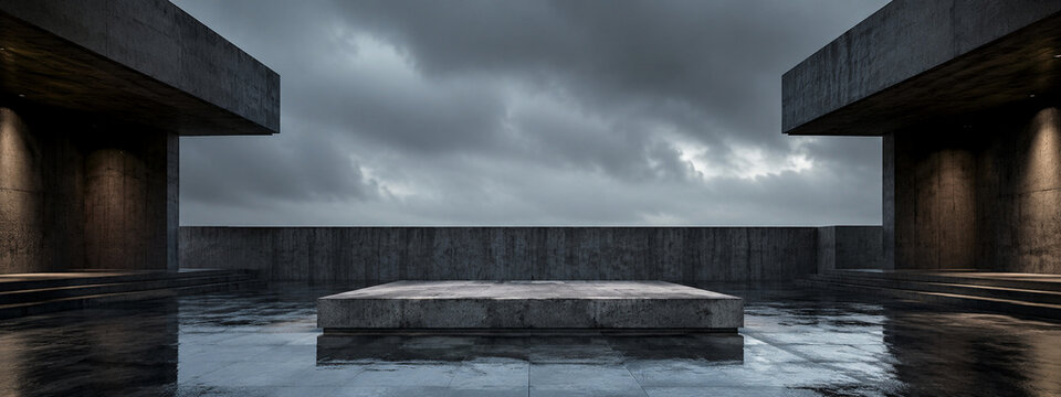 Rainy urban architecture product background with reflective central display zone