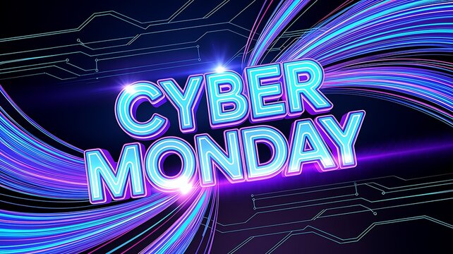 Cyber monday text with glowing blue light trails on dark background