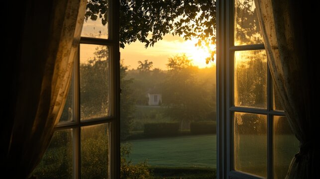 Sunrise view through open window