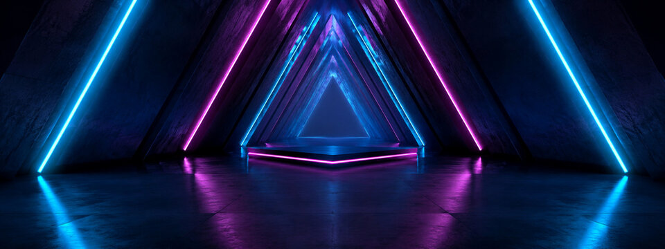 Neon cyberpunk technology tunnel background with reflective central display zone