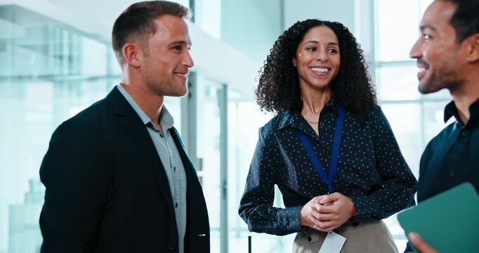 Help, people and guide guests at office, meeting and real estate with corporate assistance. Talking, business and welcome clients, follow on walk or show way for commercial property tour with realtor