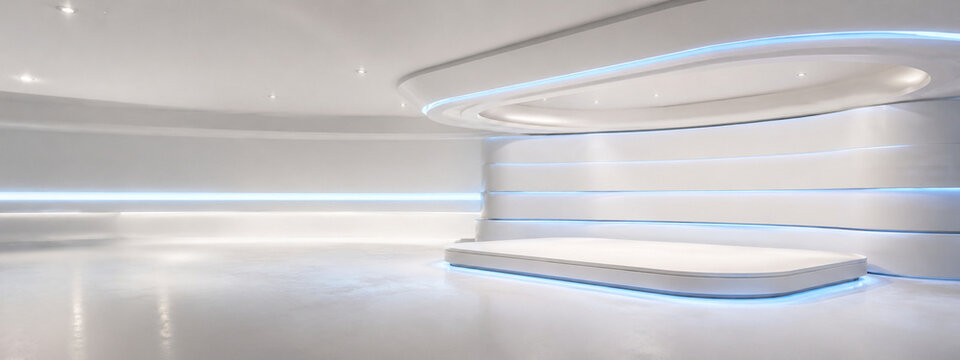 Futuristic white technology showroom background with reflective central display zone