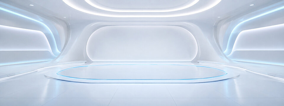 Futuristic white technology showroom background with architectural frame with right copy space