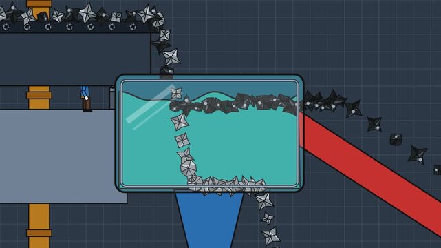 Educational 2D schematic animation showing a dense medium coal washing process separating clean coal from heavier waste material in a liquid bath