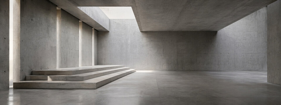 Minimal concrete gallery podium background with offset podium with left copy space