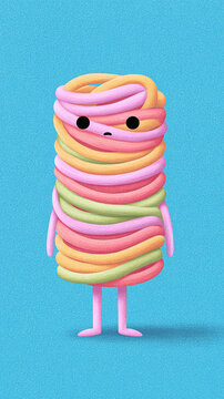 A Whimsical and Colorful Character Made of Candy Strips: Playful Illustration Capturing the Joy of Food and Creativity in a Vibrant Design