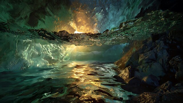 Enchanted glowing subterranean cave with shimmering water reflections.