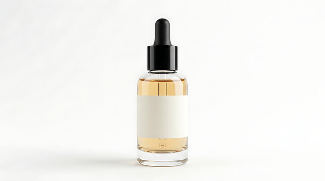 Clear glass dropper bottle with a black dropper cap and a light amber liquid, featuring a blank white label, isolated on a white background