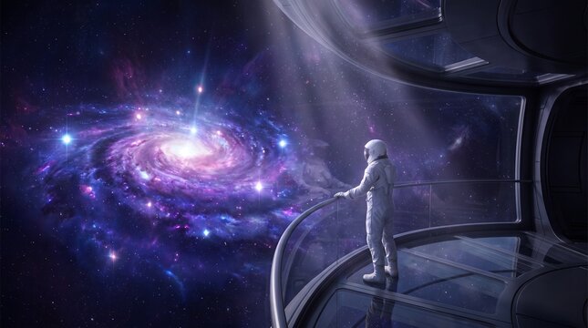 Astronaut Gazing at Spiral Galaxy Through Spaceship Window