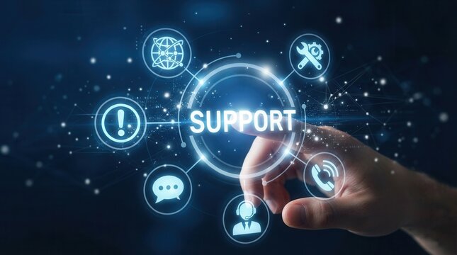 Hand touching virtual screen word "SUPPORT" Support button on screen. Customer service and communication concept
