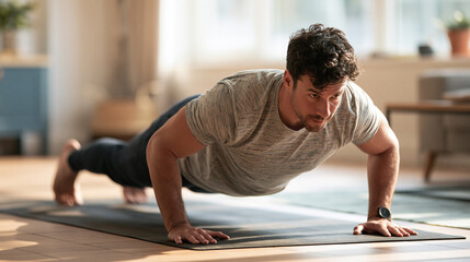 Fototapeta premium Man practicing mindful stretching on a yoga mat in a bright minimalist home space, soft morning light through large windows, calm focused posture, generous copy space at top left,
