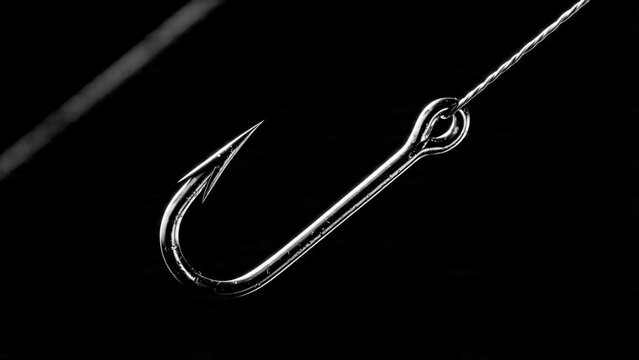Sharp metal fishing hook isolated on solid black background with equipment recreation minimalist
