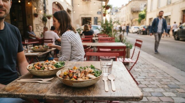 Wooden table two bowls food glass Terrace dining at outdoor cafe with and waiter