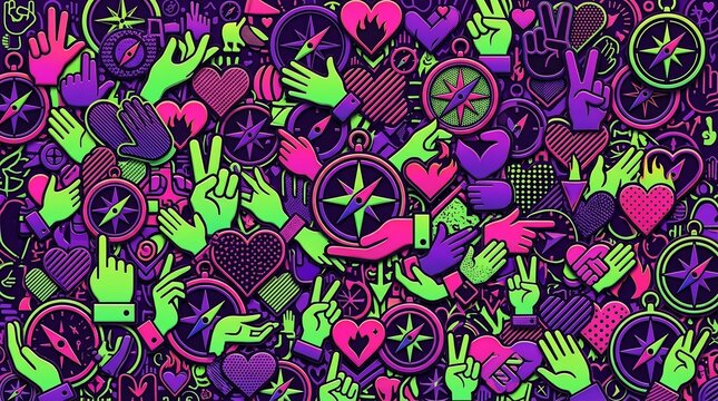Neon doodle pattern with compasses hearts and hand gestures