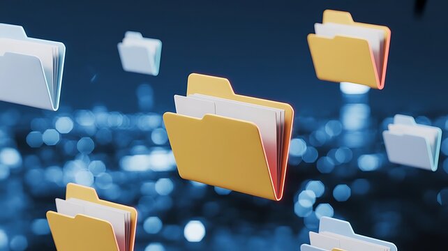 Open yellow and blue folder floating in a dark digital space with a blurred city light background, representing data and, file organization