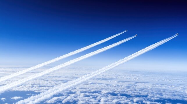 Aircraft contrails over clouds in blue sky