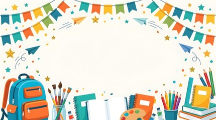 Obraz premium Colorful back to school background with school supplies and festive bunting flags for educational design projects