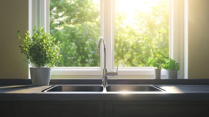 Fototapeta premium Kitchen sink with potted plants and window view