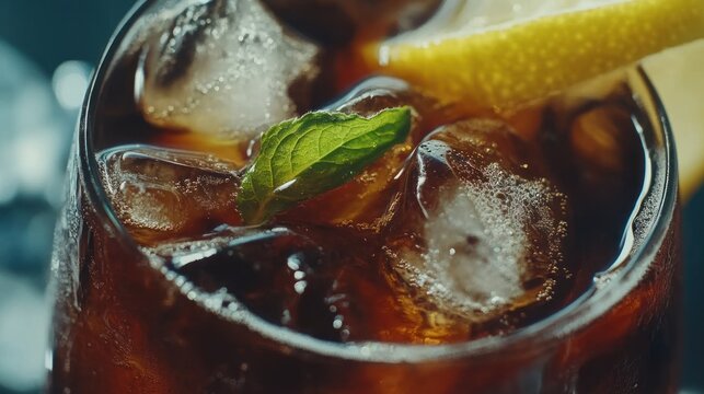 Close up of refreshing beverage with ice lemon and mint