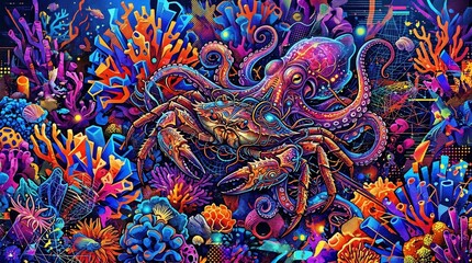 Fototapeta premium Psychedelic octopus and crab swimming in a neon coral reef environment