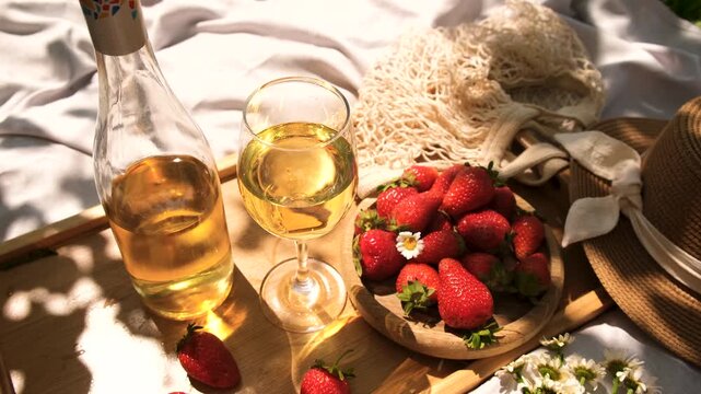 Picnic with strawberries and wine. Selective focus.