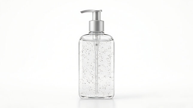 Clear square plastic bottle with a silver pump dispenser, filled with transparent gel containing small bubbles, isolated on a white background