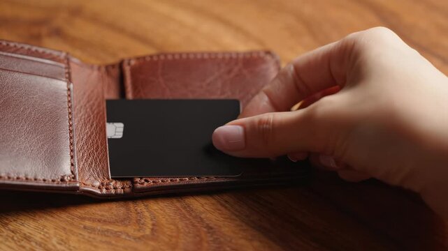Hand inserting a black credit card into a brown leather wallet on wooden table