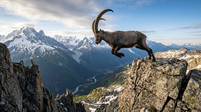 Male Alpine ibex with large curved horns jumping across a steep rocky cliff gap in the French Alps with snow-capped mountain peaks and a river valley in the background under a blue sky.