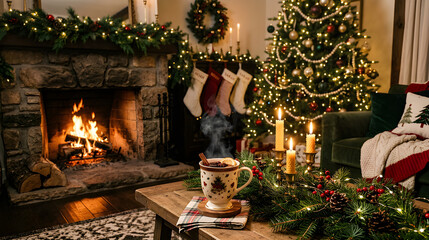 Obraz premium Cozy festive scene with steaming mulled wine near a softly glowing fireplace, evergreen branches and candles, elegant holiday background.