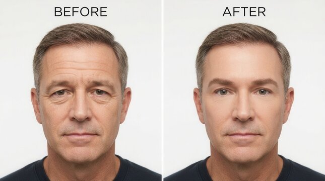 Side-by-side comparison man face left side Man's forehead before and after anti-aging wrinkle removal procedure